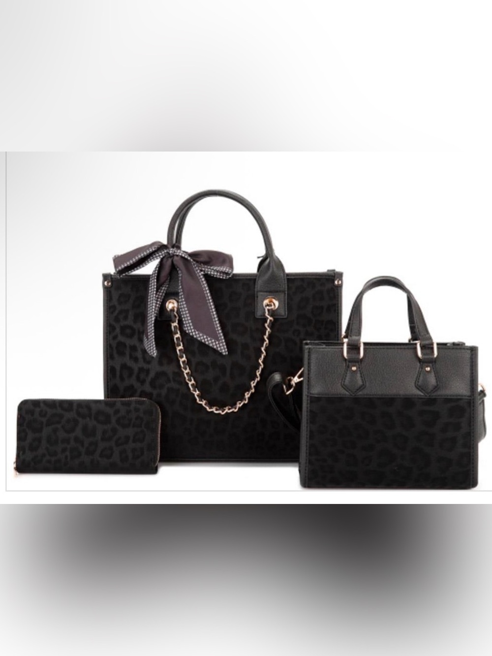 Black 4n1 Leopard-Print Tote Bag with Chain Accent